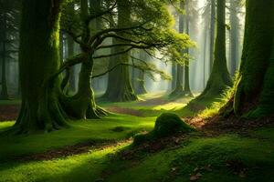 de groen Woud is gevulde met bomen en gras. ai-gegenereerd foto