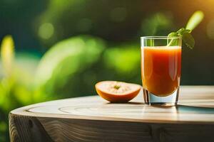 een glas van oranje sap Aan een tafel. ai-gegenereerd foto