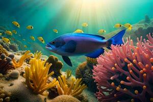 een blauw vis zwemmen in de oceaan met koraal en andere vis. ai-gegenereerd foto