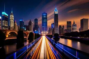 een stad horizon Bij nacht met lichten Aan de gebouwen. ai-gegenereerd foto