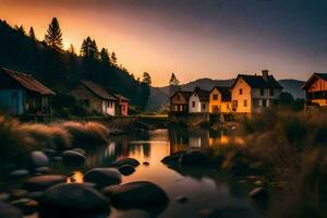 foto behang de lucht, water, bergen, rivier, huizen, zonsondergang, zonsondergang, de bergen. ai-gegenereerd