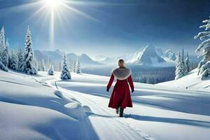 een vrouw in een rood jas is wandelen in de sneeuw. ai-gegenereerd foto