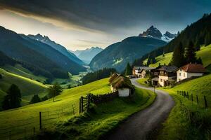 een weg in de bergen met groen gras en huizen. ai-gegenereerd foto