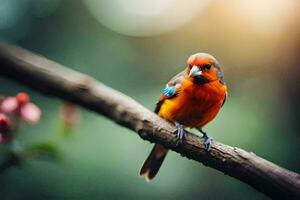 een kleurrijk vogel zit Aan een Afdeling. ai-gegenereerd foto