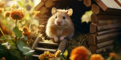 een schattig hamster in miniatuur hout huis, ai generatief foto
