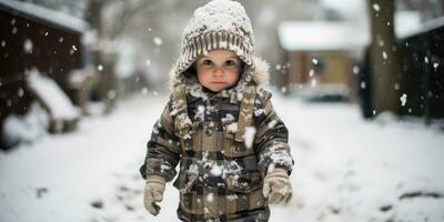 een schattig baby jongen wandelen in de sneeuw, ai generatief foto