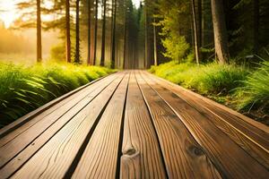houten pad in de Woud Bij zonsopkomst. ai-gegenereerd foto