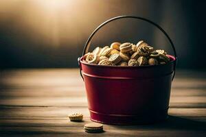 een emmer gevulde met koekjes Aan een houten tafel. ai-gegenereerd foto