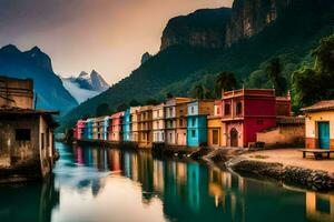 kleurrijk huizen lijn de banken van een rivier. ai-gegenereerd foto