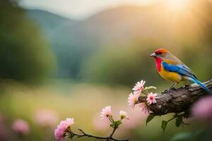 foto behang de zon, bloemen, vogel, natuur, lente, de vogel, lente, de. ai-gegenereerd