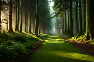 een pad door de bossen met bomen en gras. ai-gegenereerd foto