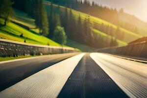 een auto het rijden Aan een snelweg met de zon schijnt. ai-gegenereerd foto