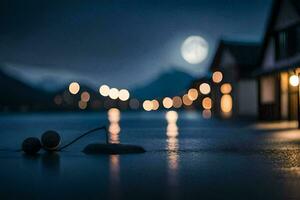 foto behang de maan, water, huis, lichten, de nacht, de maan, de nacht. ai-gegenereerd
