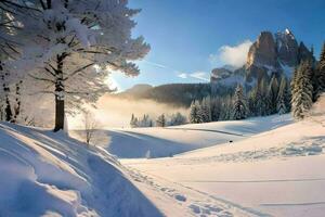 een besneeuwd landschap met bomen en bergen. ai-gegenereerd foto