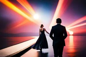 een Mens en vrouw wandelen langs een pier met helder lichten. ai-gegenereerd foto