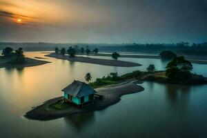 een klein huis zit Aan een eiland in de midden- van een rivier. ai-gegenereerd foto