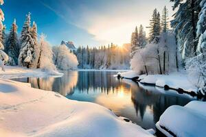 winter landschap met sneeuw gedekt bomen en rivier. ai-gegenereerd foto