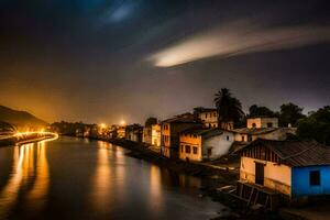 een rivier- Bij nacht met huizen en een maan in de lucht. ai-gegenereerd foto