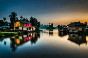 een rivier- in de midden- van een dorp Bij zonsondergang. ai-gegenereerd foto