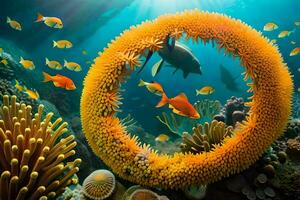 een circulaire ring van koraal omringd door vis. ai-gegenereerd foto