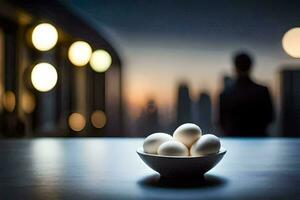 een kom van eieren Aan een tafel in voorkant van een stadsgezicht. ai-gegenereerd foto