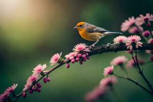 foto behang natuur, vogel, bloemen, lente, de zon, de lucht, de vogels,. ai-gegenereerd