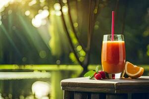 een glas van oranje sap met een rietje zittend Aan een houten tafel. ai-gegenereerd foto