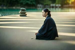 een vrouw in een kimono zittend Aan de grond in de buurt een vijver. ai-gegenereerd foto