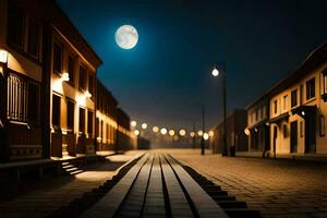 een straat Bij nacht met een vol maan. ai-gegenereerd foto