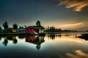 een kleurrijk huis zit Aan de kust van een meer. ai-gegenereerd foto