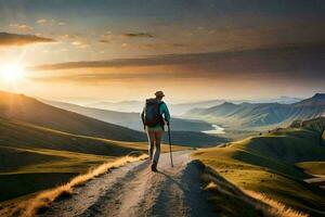 een persoon met een rugzak wandelen Aan een aarde weg in de bergen. ai-gegenereerd foto