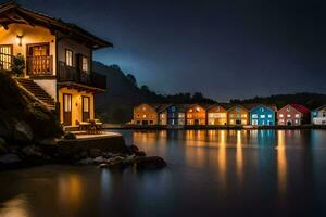 kleurrijk huizen Aan de water Bij nacht. ai-gegenereerd foto