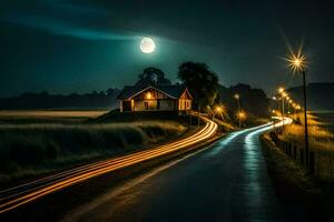 een weg Bij nacht met een huis en maanlicht. ai-gegenereerd foto
