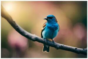 een blauw vogel zittend Aan een Afdeling. ai-gegenereerd foto