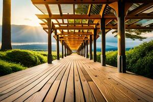 houten loopbrug met zon schijnend door het. ai-gegenereerd foto