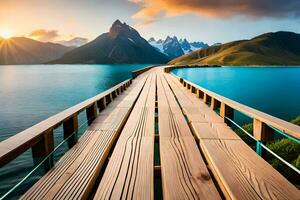 een houten brug over- een meer met bergen in de achtergrond. ai-gegenereerd foto