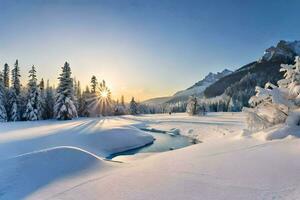 een besneeuwd landschap met een rivier- en bomen. ai-gegenereerd foto