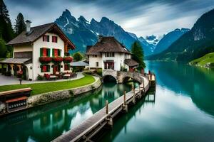 een huis zit Aan de rand van een meer met bergen in de achtergrond. ai-gegenereerd foto