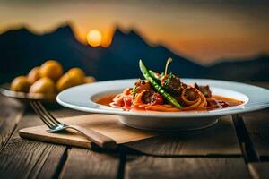 een bord van pasta met vlees en groenten Aan een houten tafel. ai-gegenereerd foto