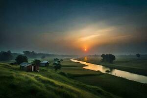 de zon stijgt over- een rivier- en sommige klein huizen. ai-gegenereerd foto