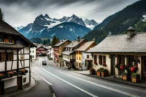 een straat in de Alpen met bergen in de achtergrond. ai-gegenereerd foto