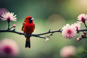 een rood vogel zit Aan een Afdeling met roze bloemen. ai-gegenereerd foto