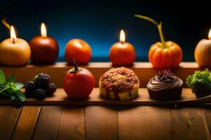 kaarsen zijn lit Aan een houten dienblad met fruit en groenten. ai-gegenereerd foto