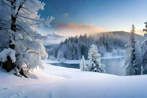 een besneeuwd landschap met bomen en een meer. ai-gegenereerd foto