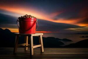 een emmer van noten Aan een houten stoel in voorkant van een zonsondergang. ai-gegenereerd foto