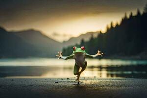 een kikker jumping Aan de strand Bij zonsondergang. ai-gegenereerd foto