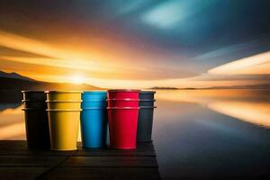 kleurrijk cups zittend Aan een dok Bij zonsondergang. ai-gegenereerd foto