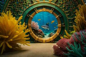 een afbeelding van een onderwater- tafereel met koraal en vis. ai-gegenereerd foto
