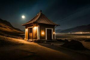 een klein hut Aan de strand Bij nacht. ai-gegenereerd foto