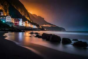 een strand Bij nacht met huizen Aan de oever. ai-gegenereerd foto